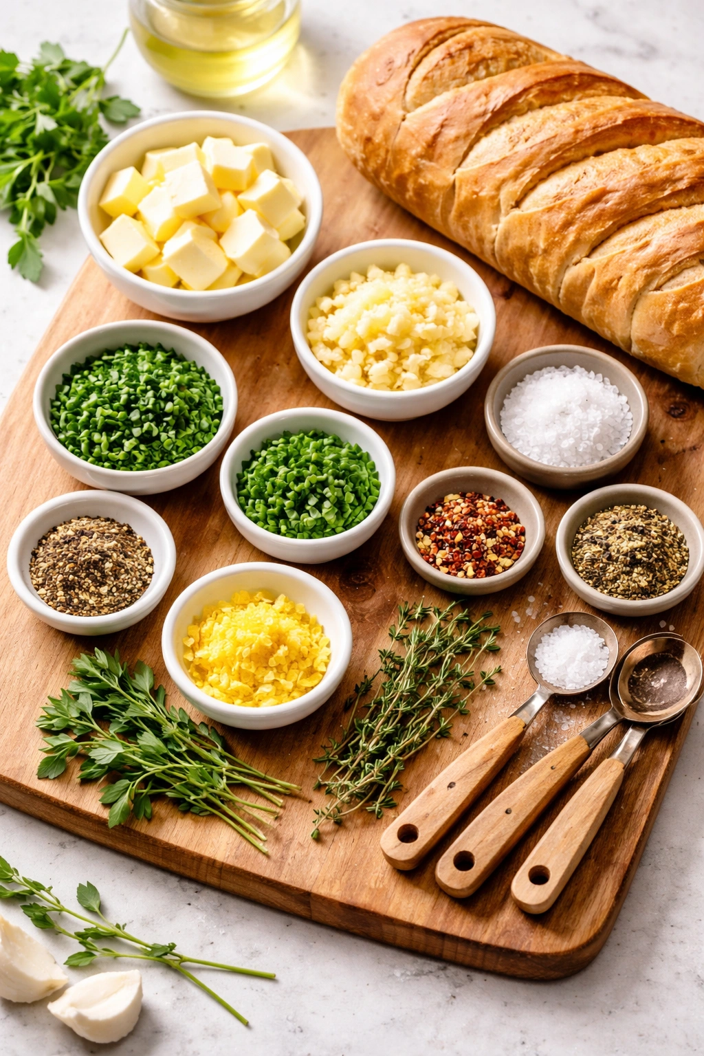 Top-down view of garlic butter ingredients arranged with a loaf nearby