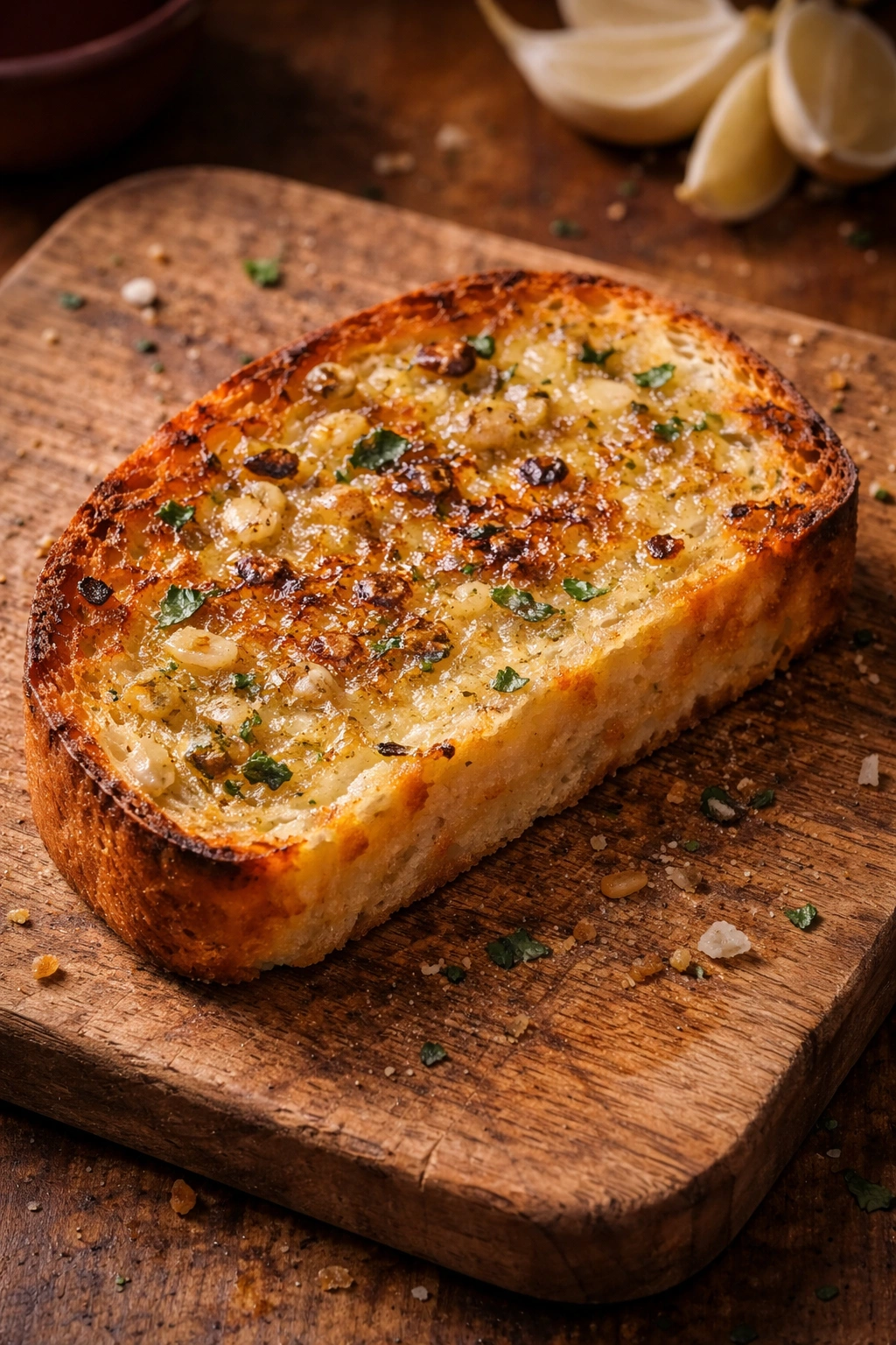 Garlic bread slice with greasy surface