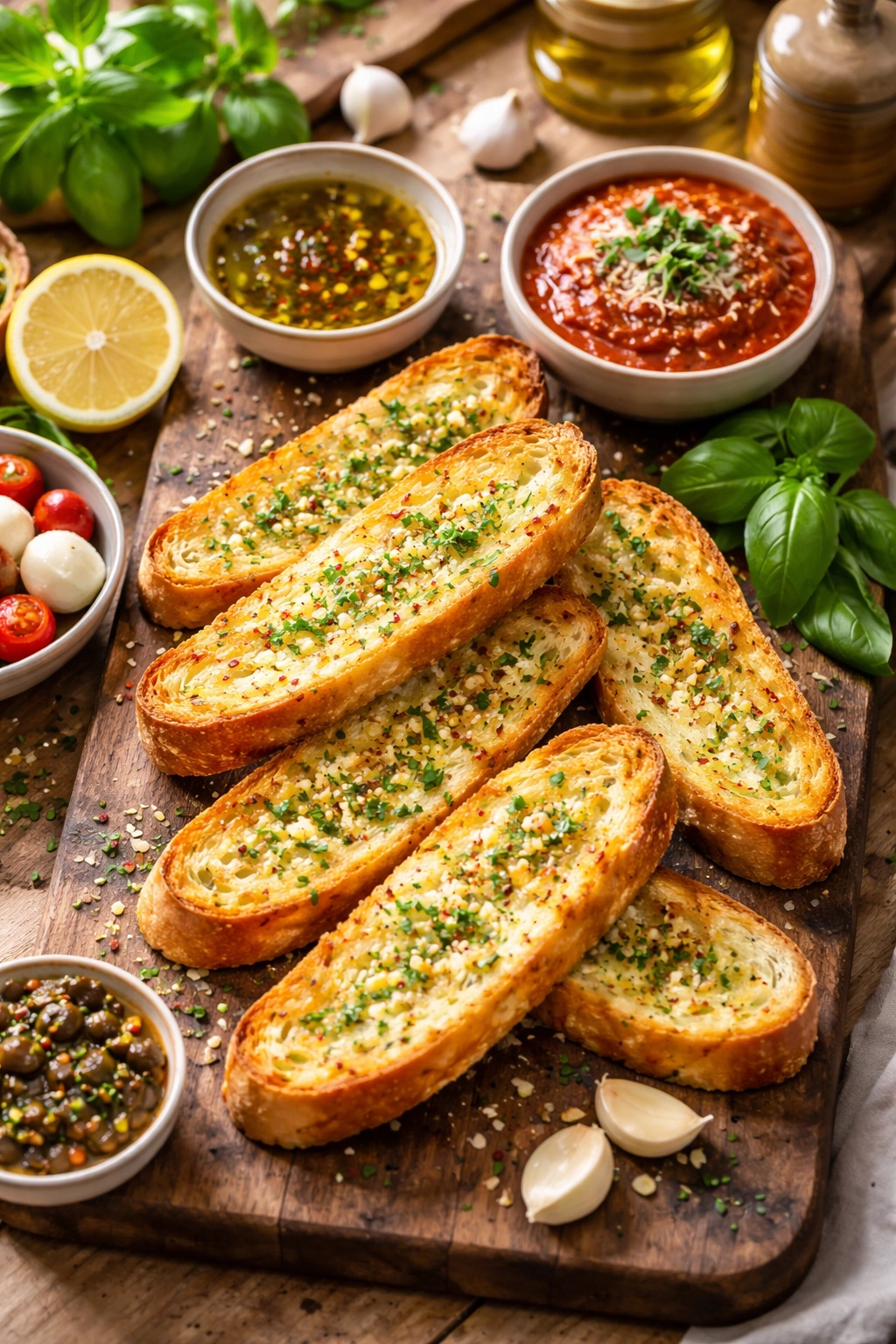 Garlic bread arranged on a wooden board with dipping bowls and herbs