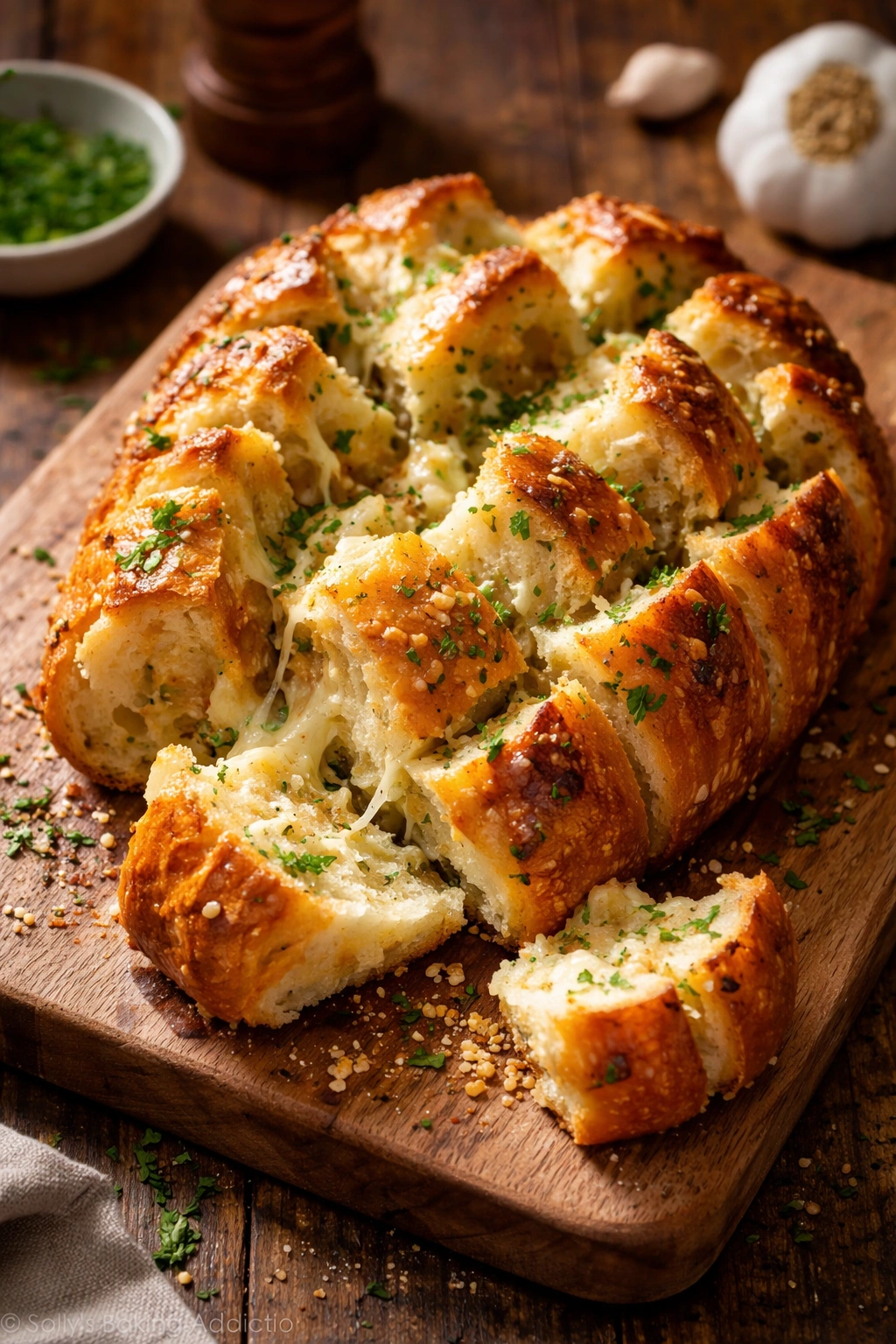 Close-up of golden pull-apart garlic bread pieces on a wooden board