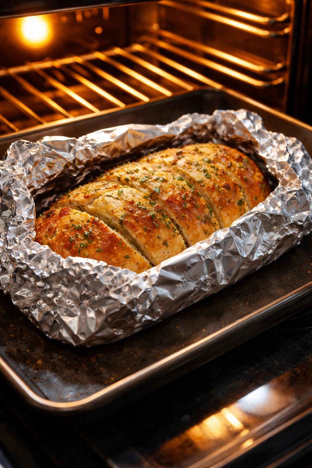 Garlic bread wrapped in foil ready to reheat in the oven, crust starting to crisp