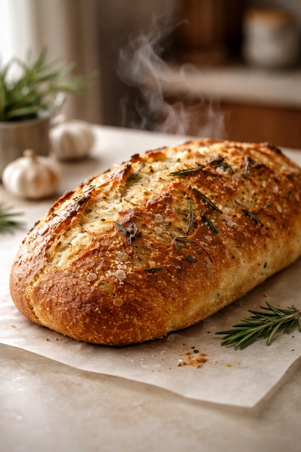 Close-up of a rosemary garlic bread loaf with crackly crust and steam