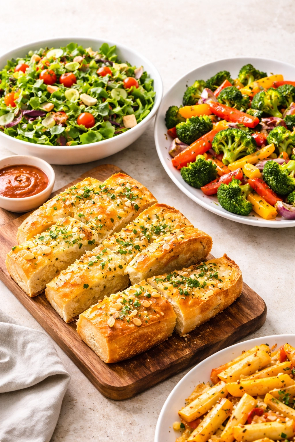Garlic bread, green salad, and roasted vegetables plated as sides