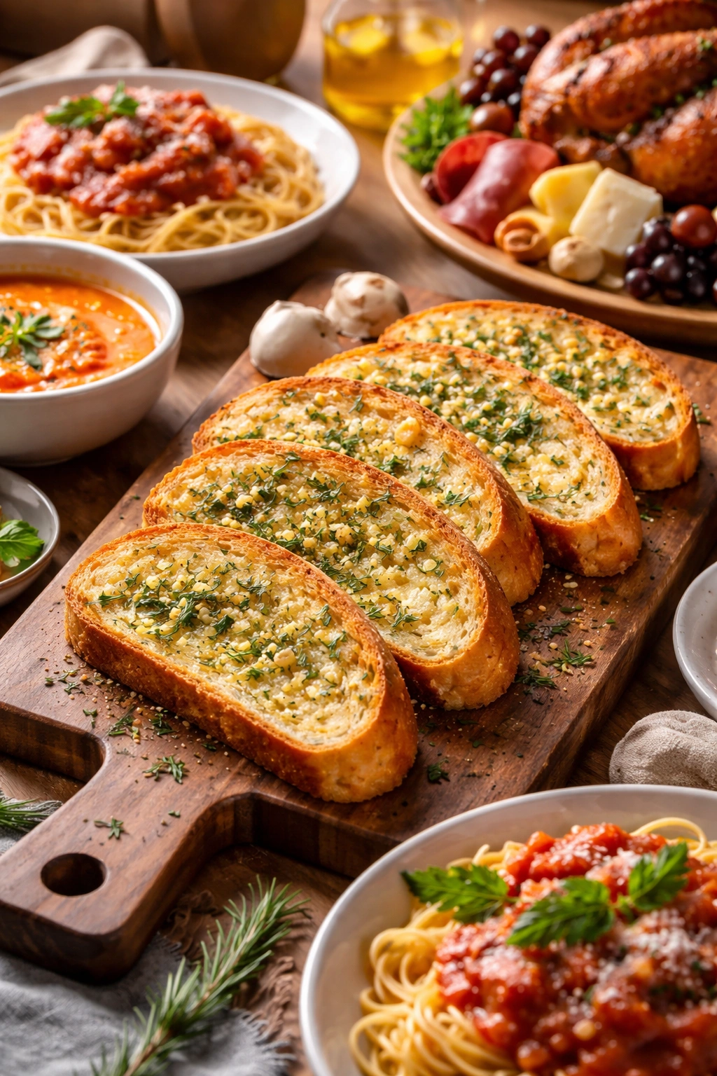 Garlic bread slices on a wooden serving board