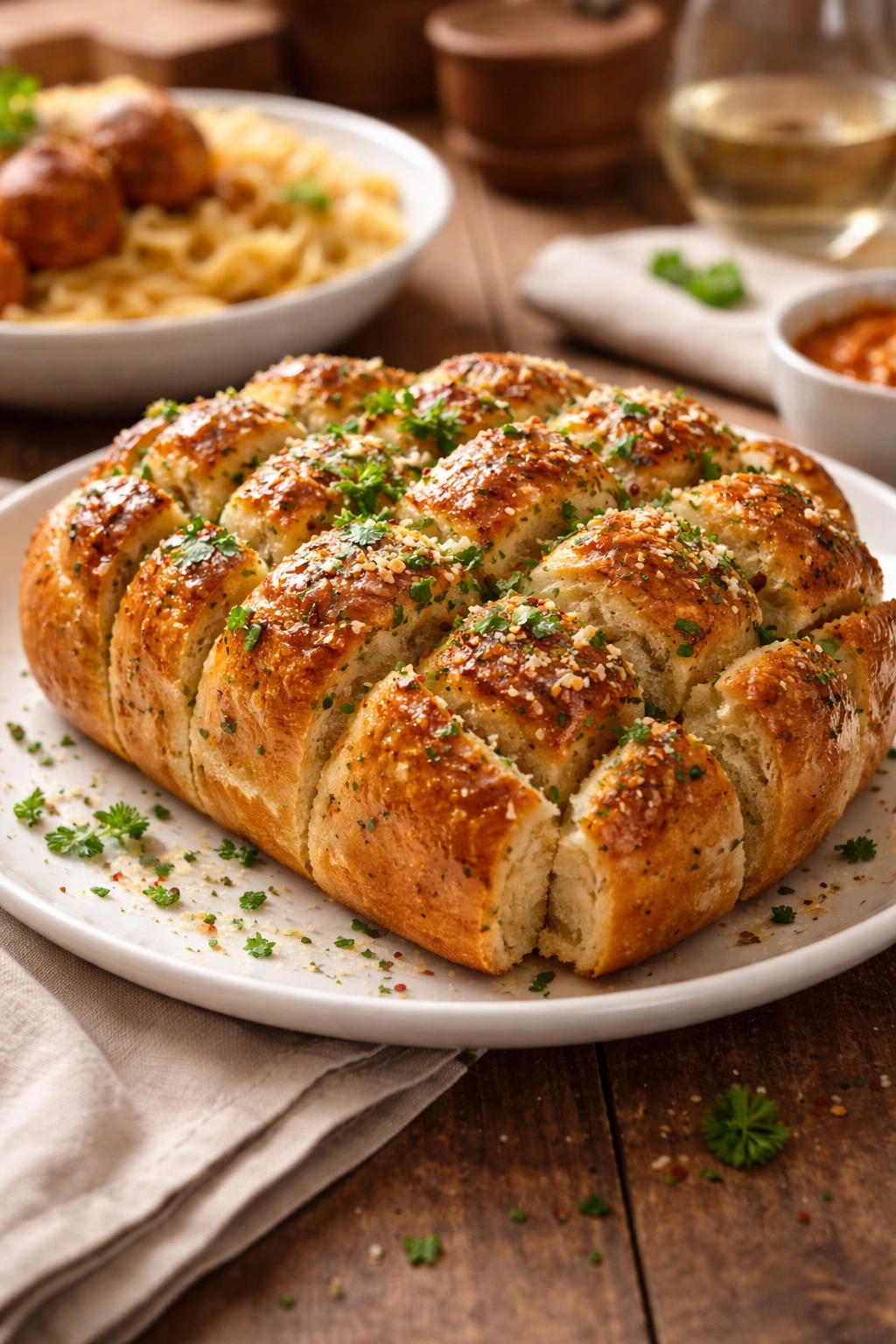 Warm garlic bread on a plain plate ready to be served as a pairing