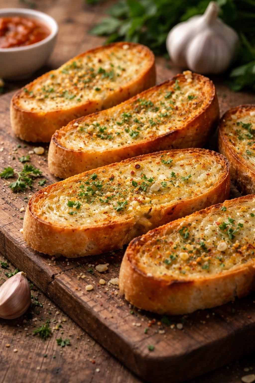 Crispy garlic bread slices on a rustic wooden board