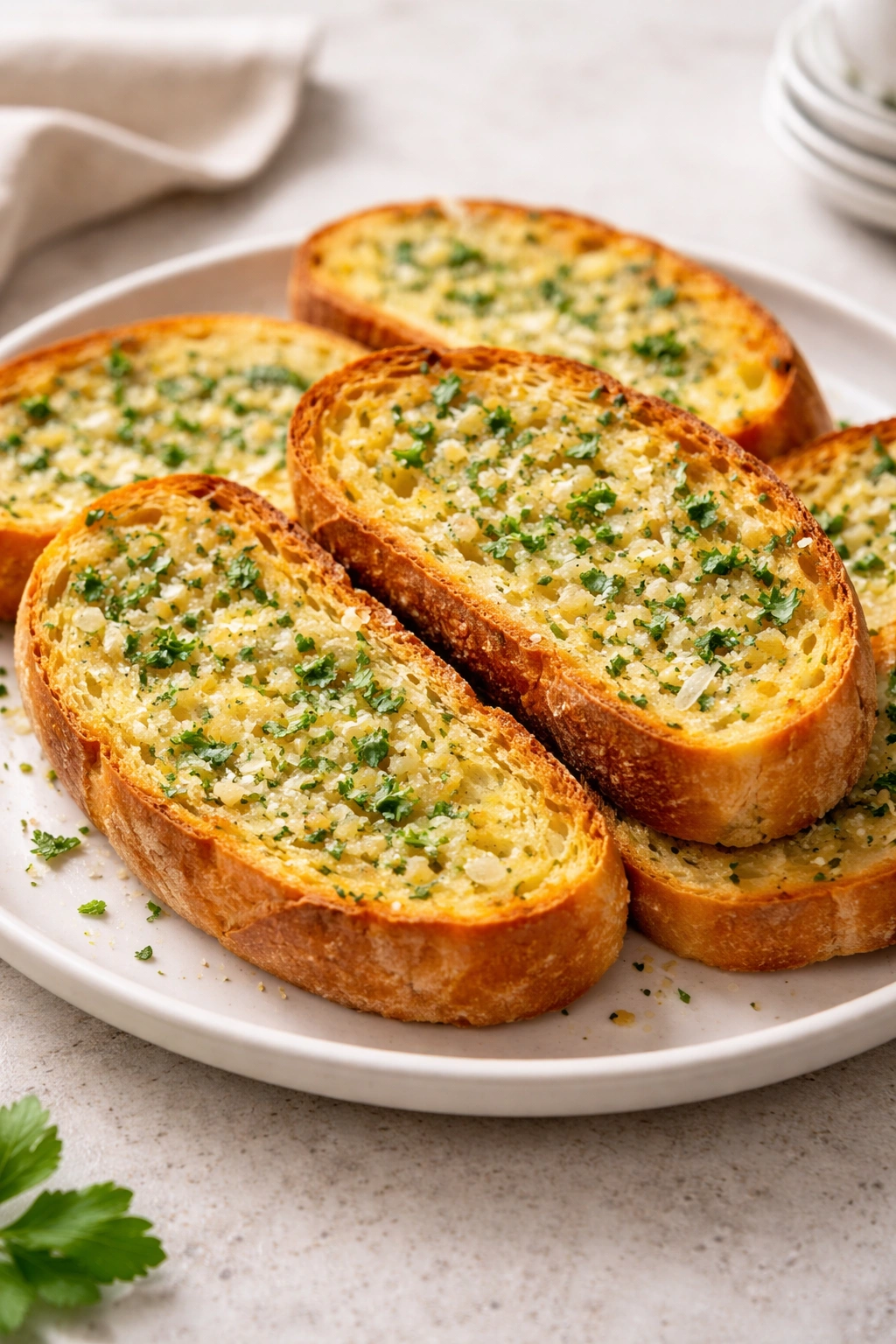 Golden garlic bread slices on a plate, ready to serve with pesto tortellini.