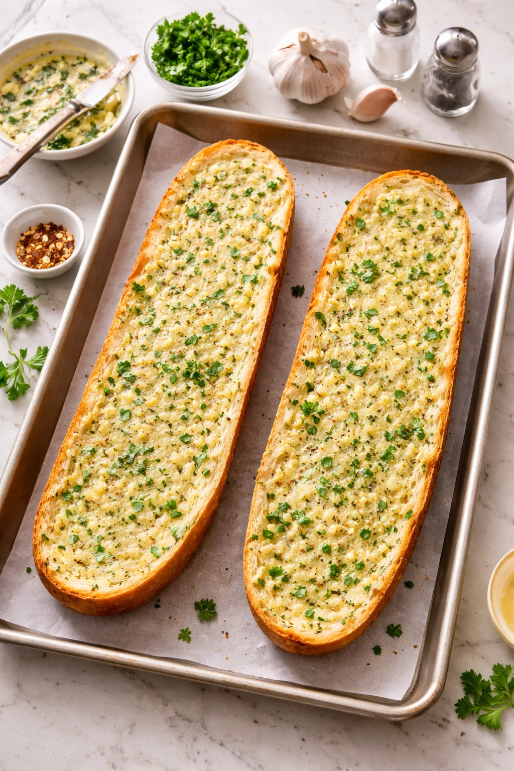 Two halves of bread with garlic butter spread, ready to toast