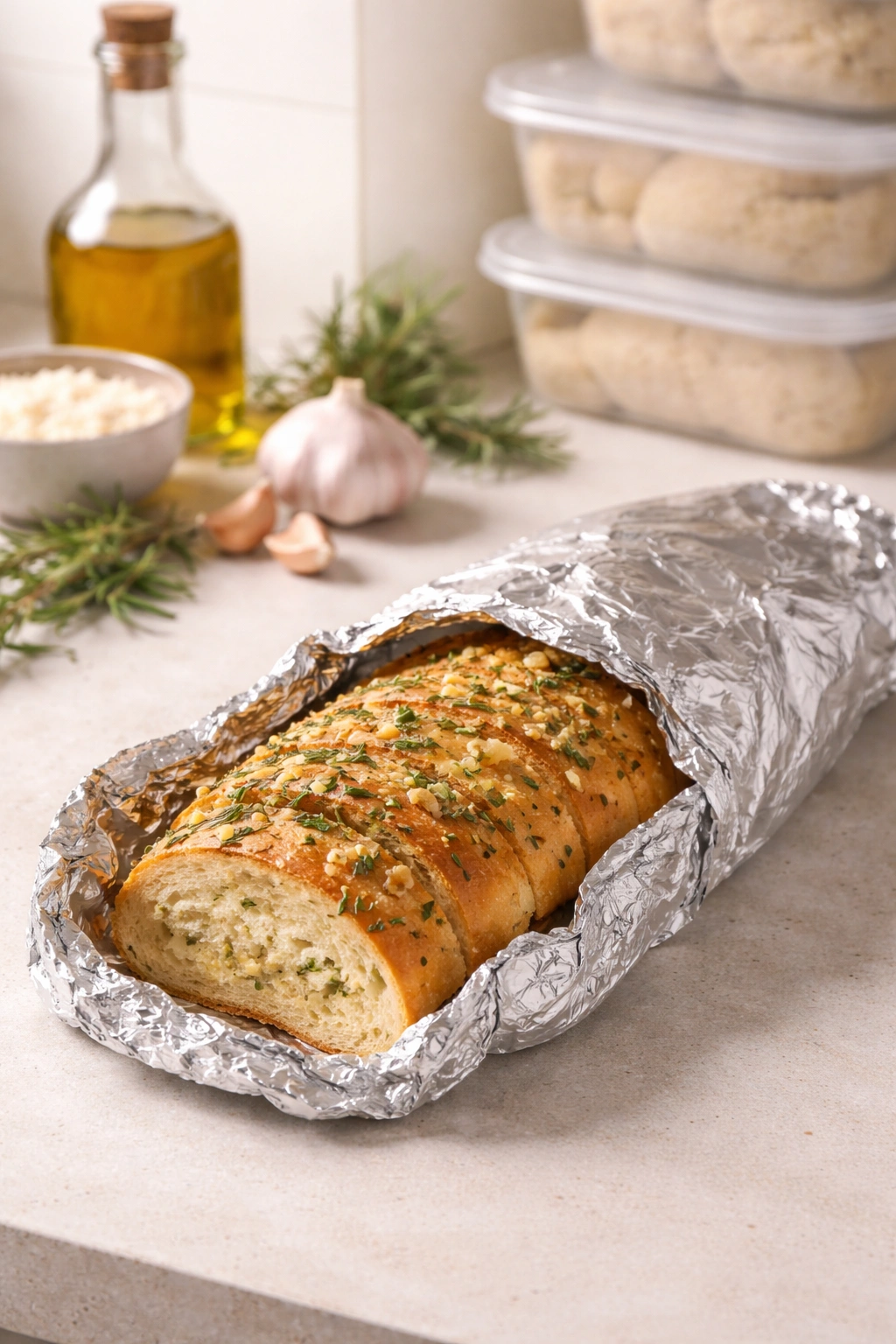 Garlic bread loaf wrapped in foil on kitchen counter