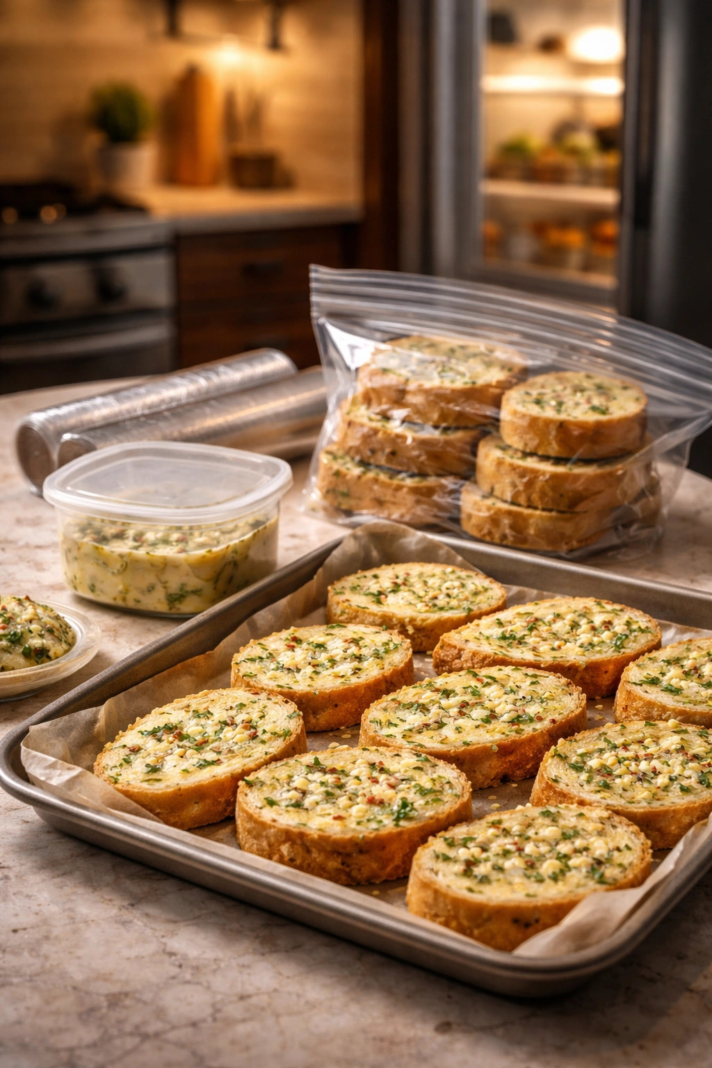Close-up of garlic bread storage setup with butter and bread in a modern kitchen refrigerator scene