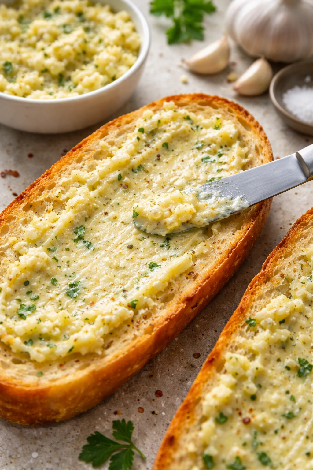 Soft butter spread on bread with minced garlic texture