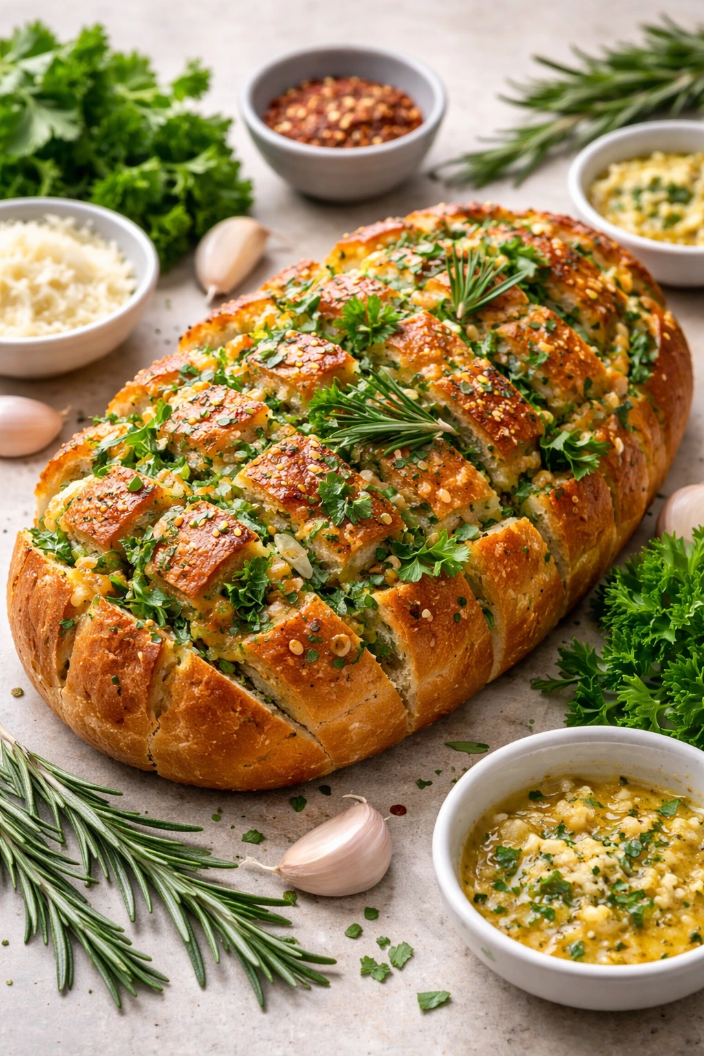 Garlic bread loaf with herbs on top