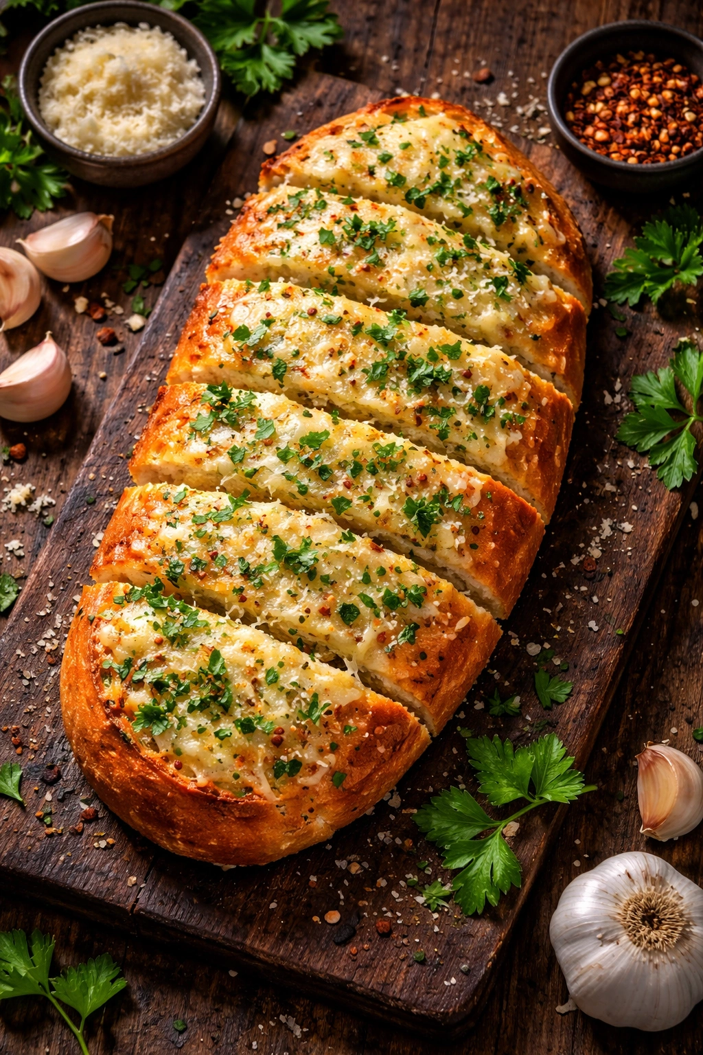 Garlic bread with herbs and cheese topping on board