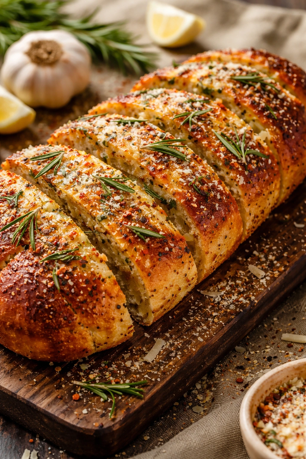 Garlic bread with varied toppings including rosemary and parmesan