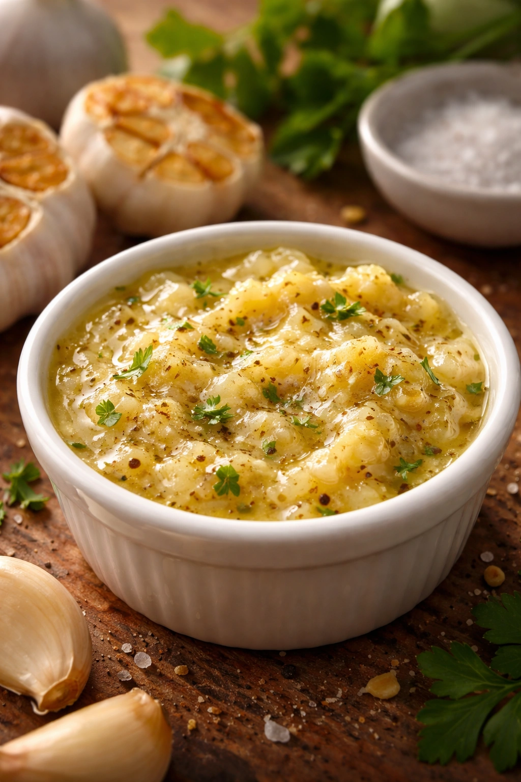 Garlic butter in a small dish with minced garlic