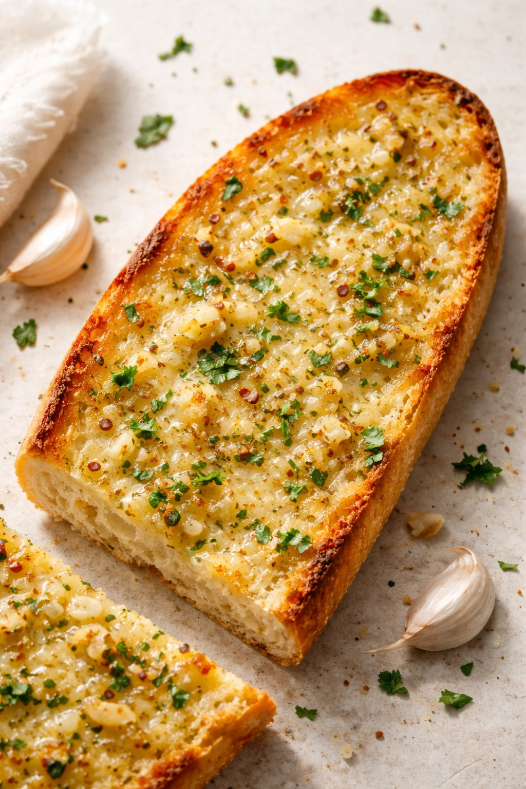 Close-up of garlic butter on bread showing texture and minced garlic
