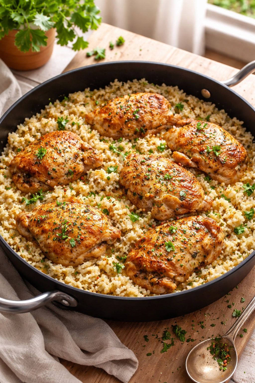 Close-up of one-pot garlic butter chicken and rice in a skillet with tender chicken thighs and fluffy rice