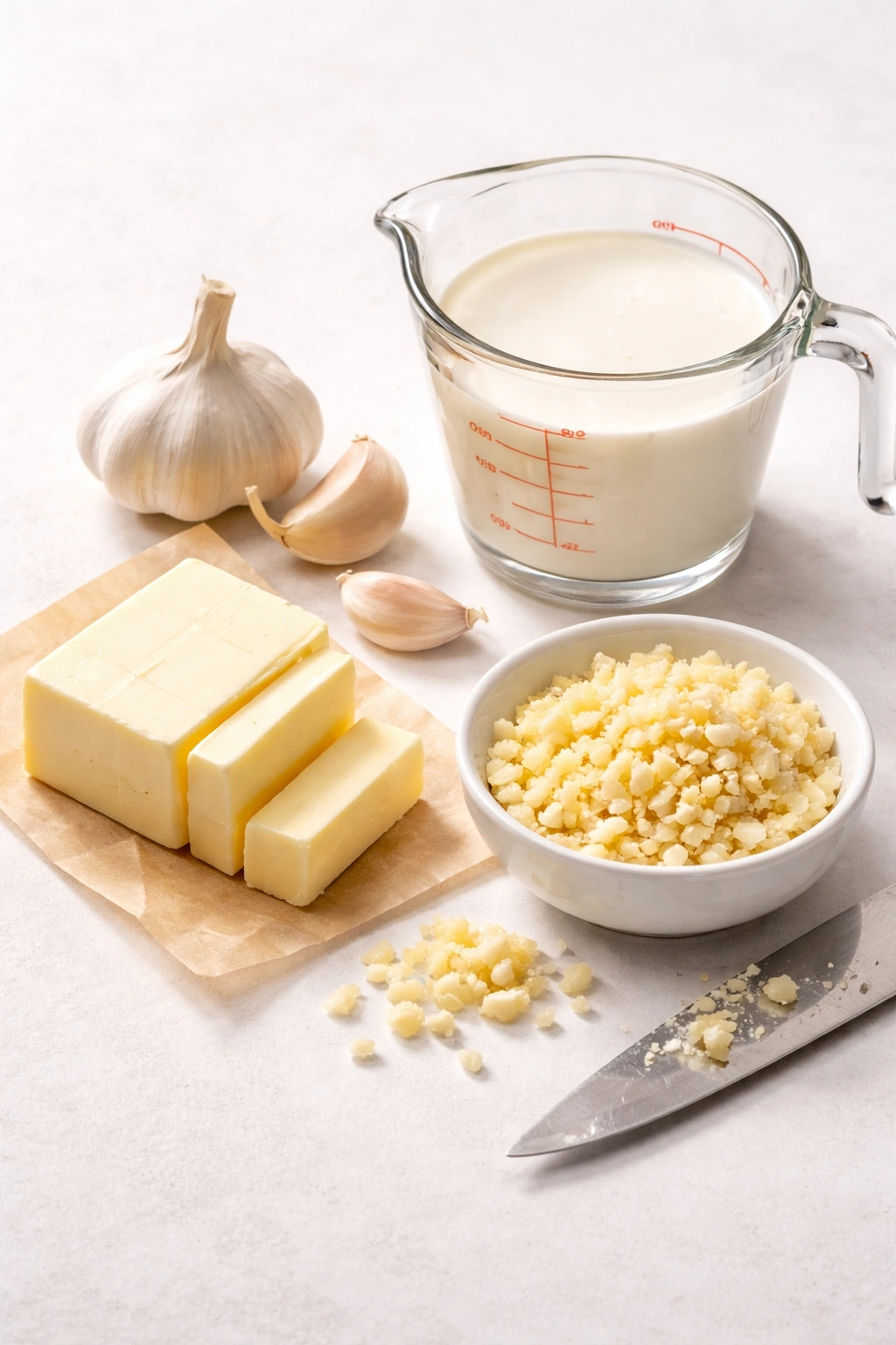 Butter, minced garlic, and cream arranged on a clean surface