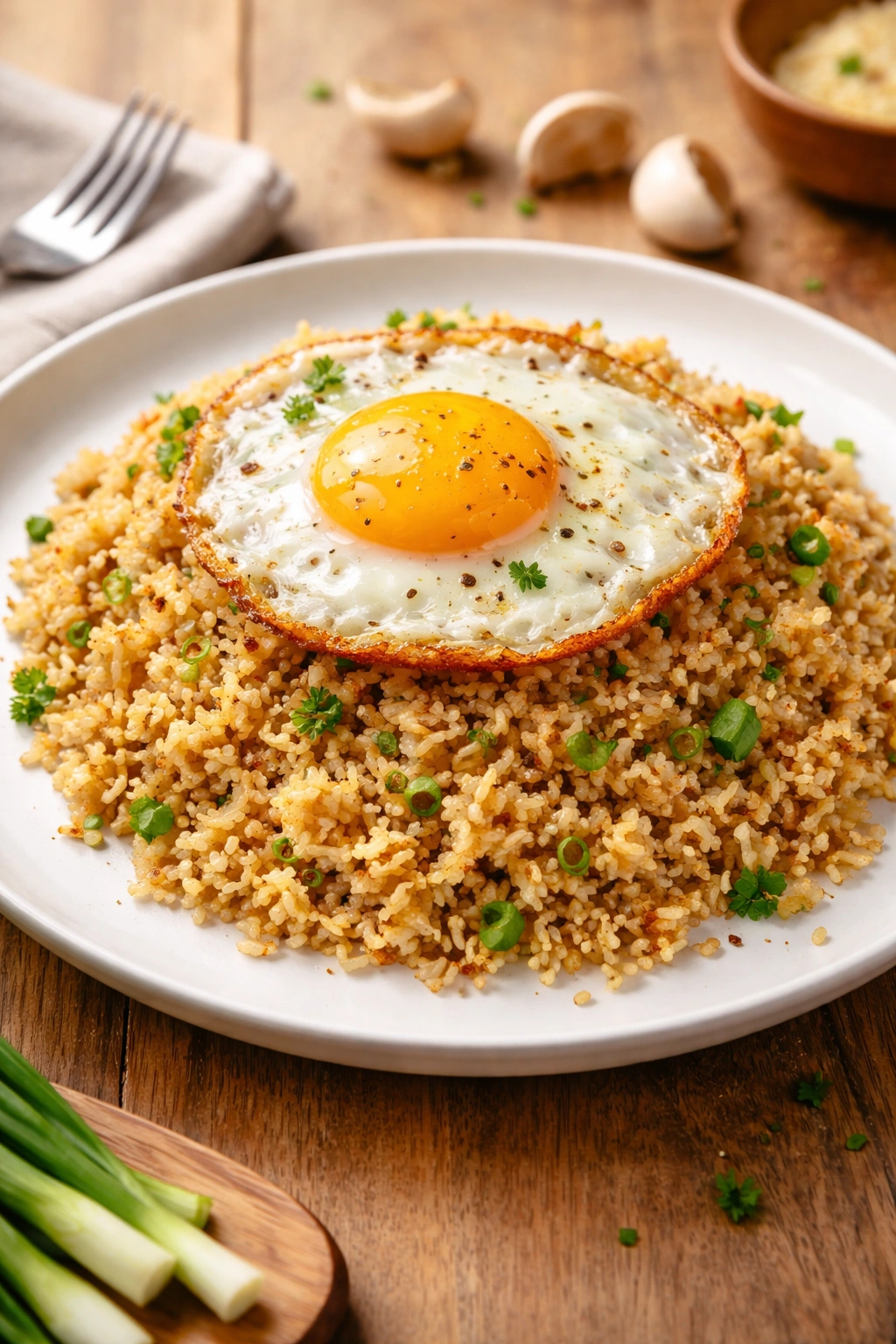 Garlic butter fried rice with crispy egg on top
