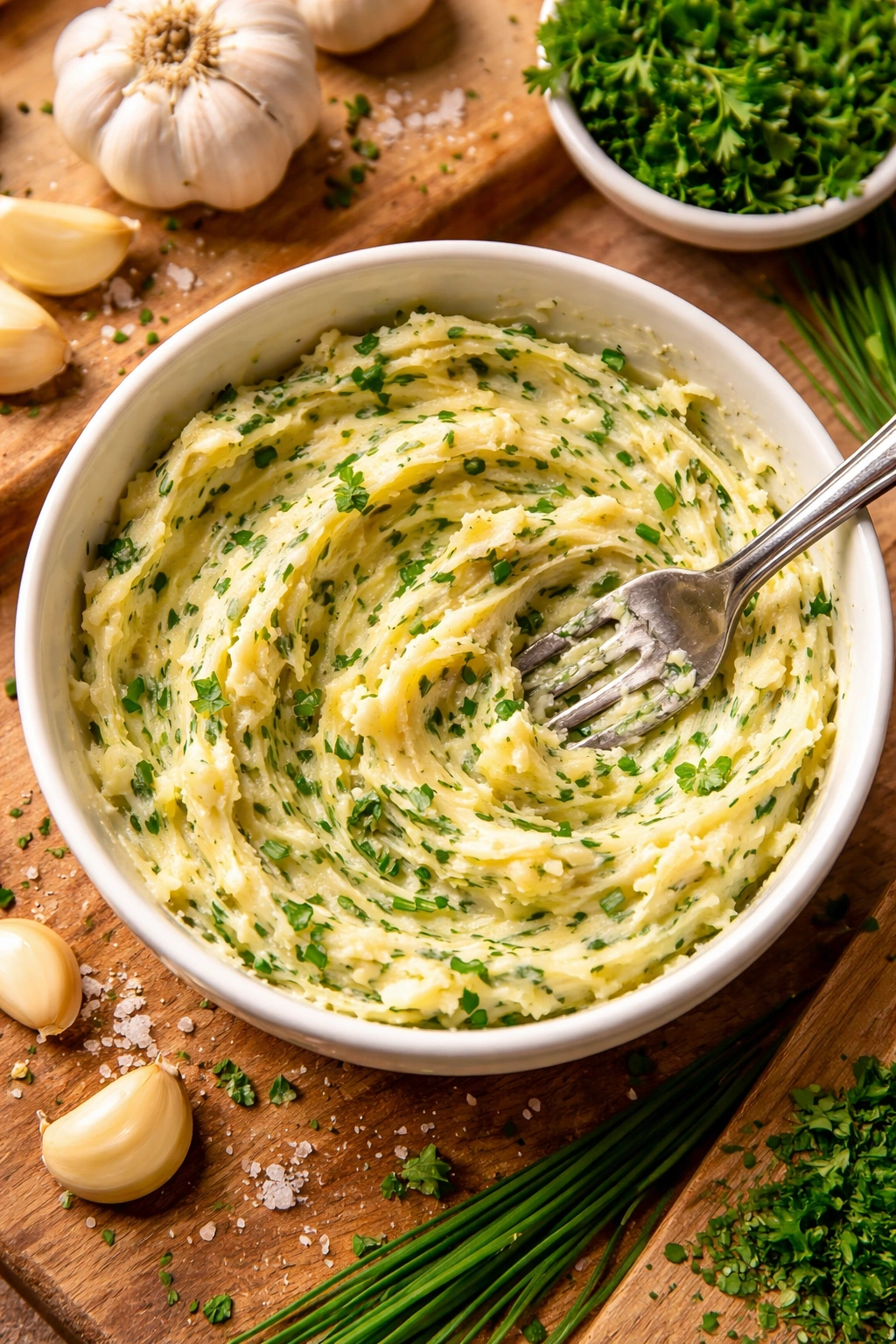 Creamy garlic butter with minced garlic and herbs in a bowl
