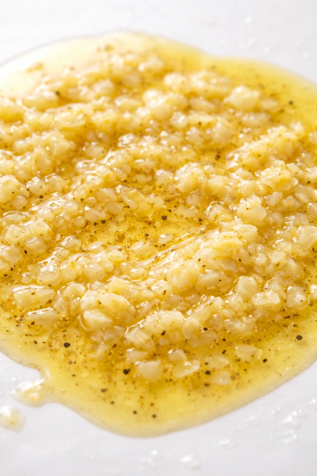 Melted garlic butter with minced garlic on white surface