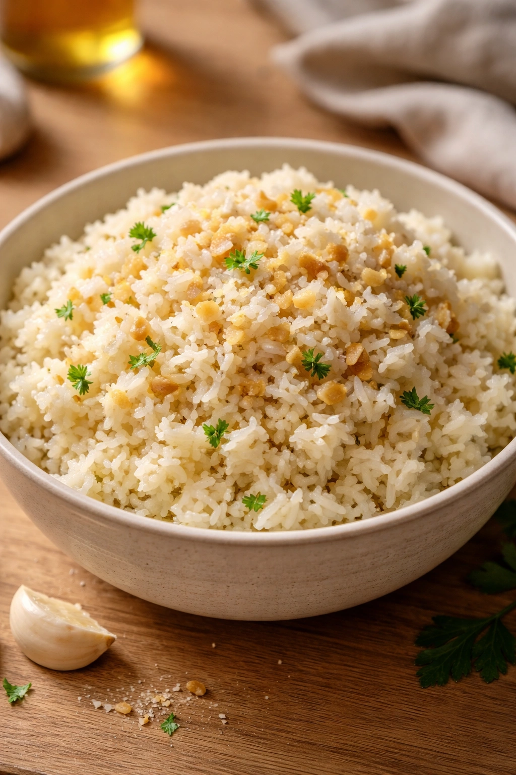 Glistening garlic butter rice in a bowl