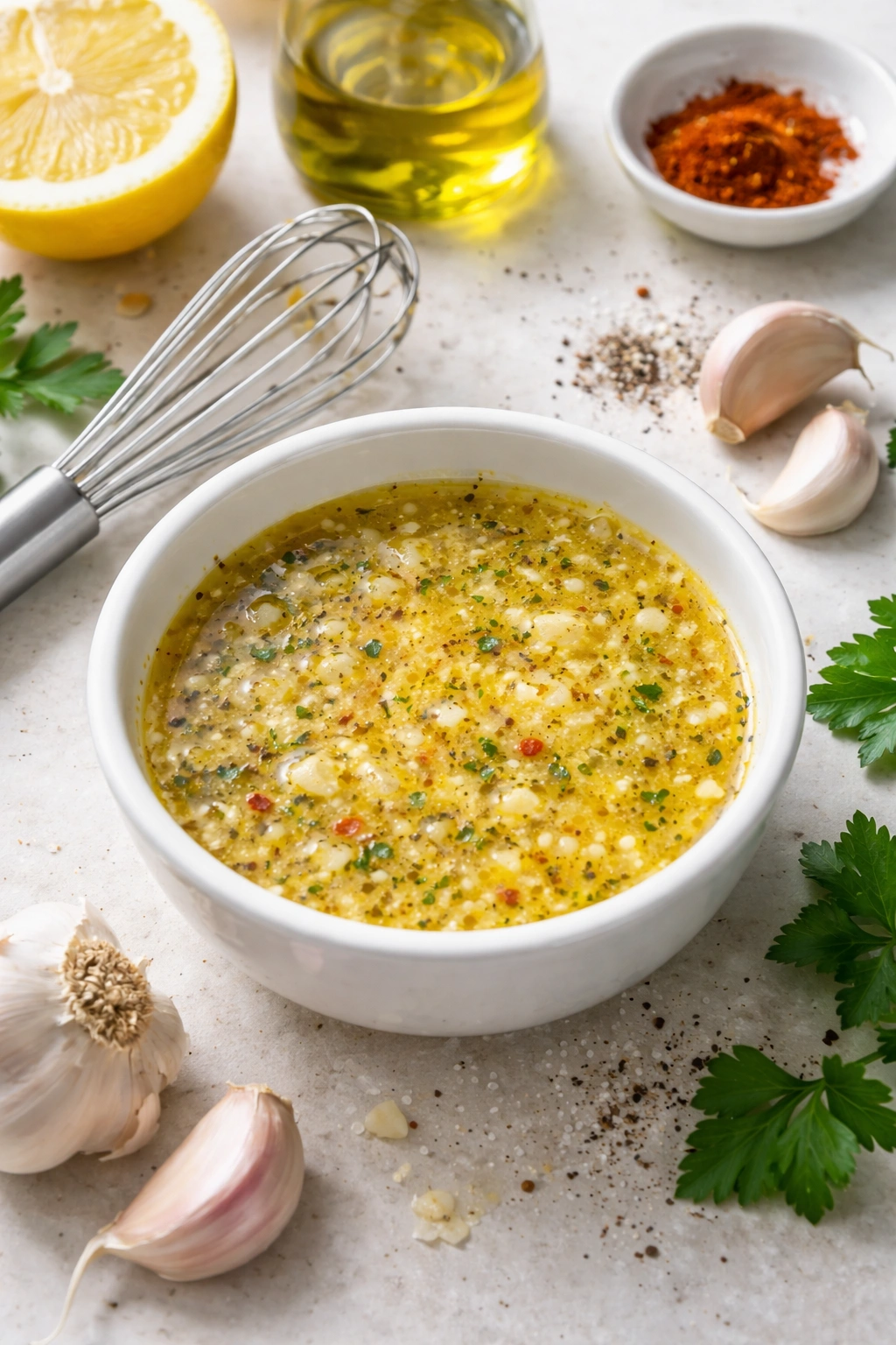 Bowl of garlic butter sauce with garlic flecks