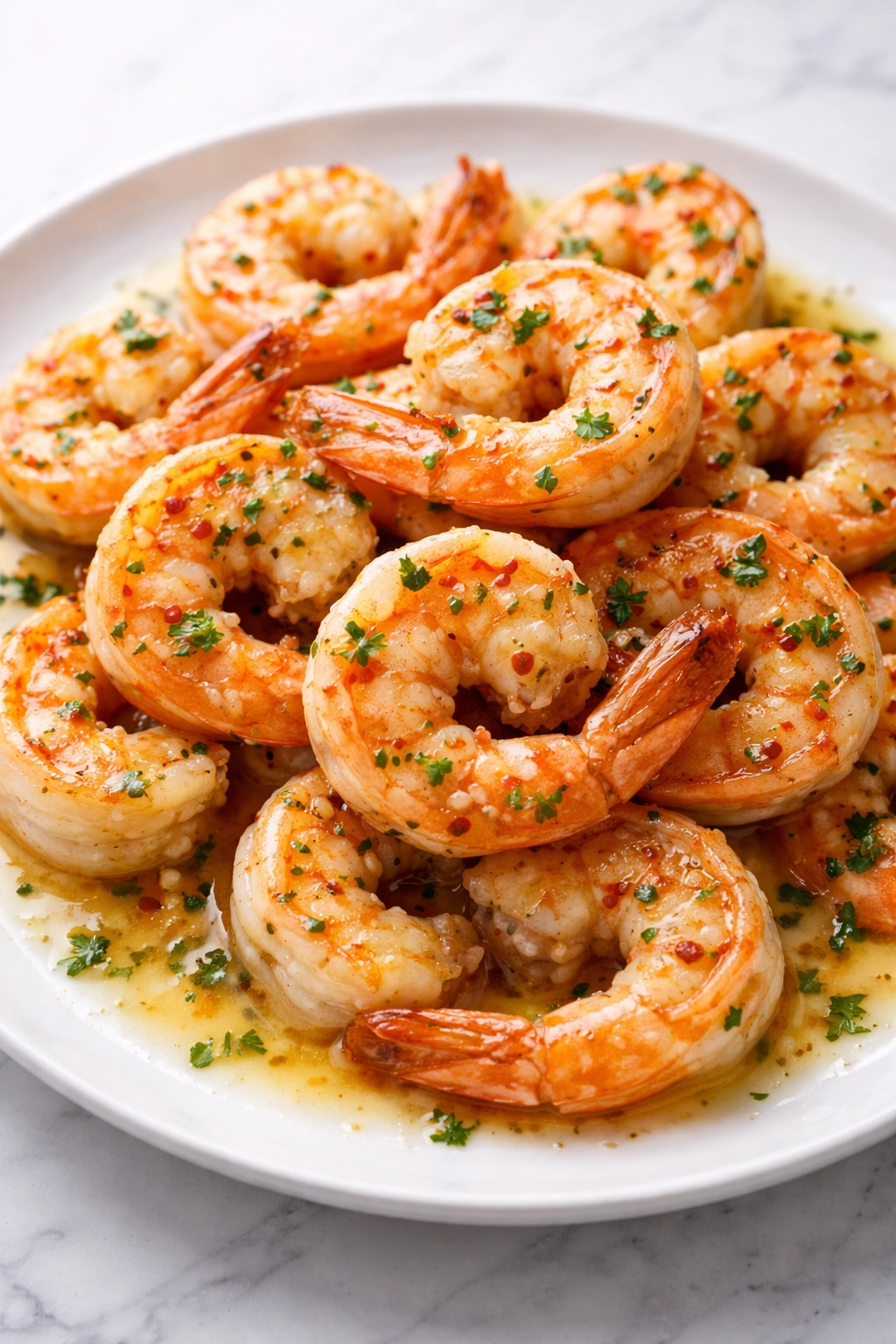 Large shrimp in butter on a white plate