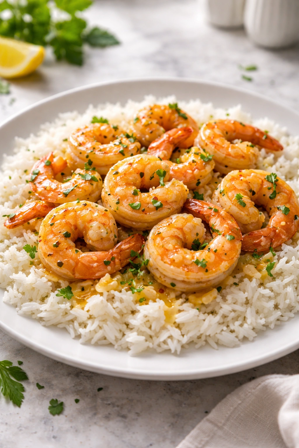 Close-up of garlic butter shrimp over rice on a white plate, glossy sauce and tender shrimp