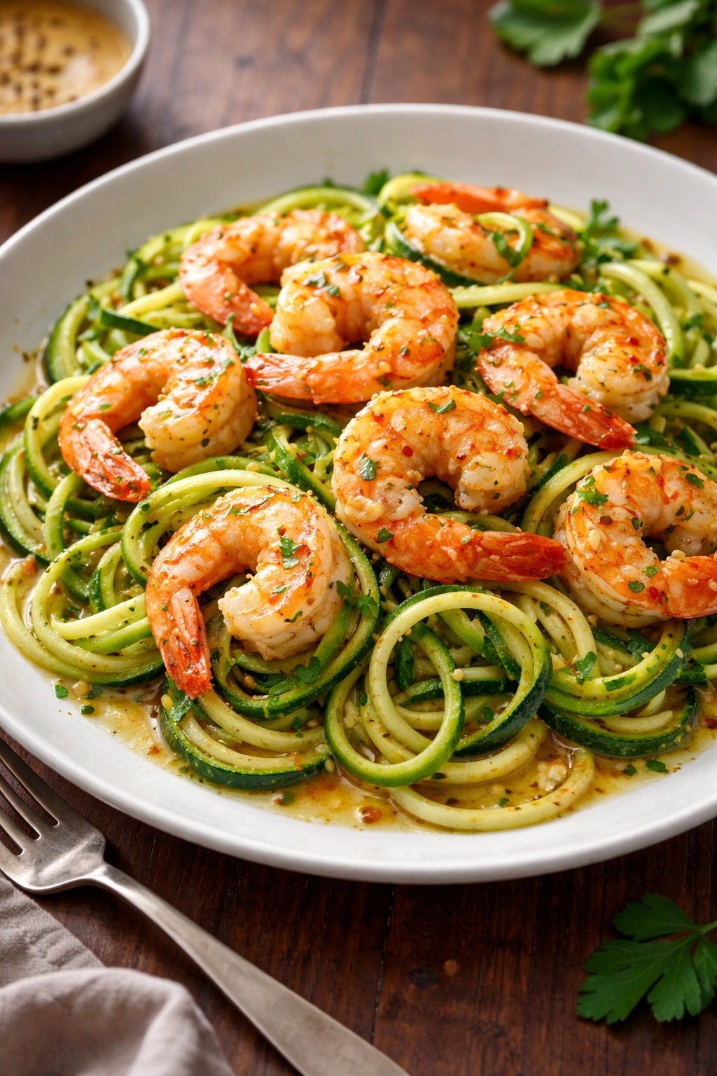 Close-up of garlic butter shrimp with zucchini noodles on a plate, keto-friendly dinner