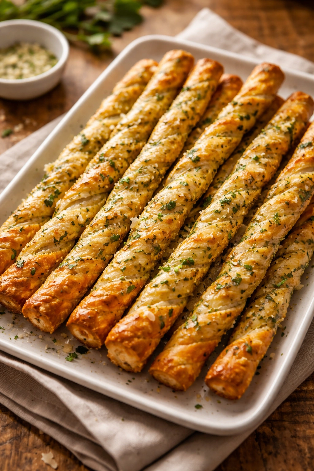 Close-up of garlic butter puff pastry sticks on a platter