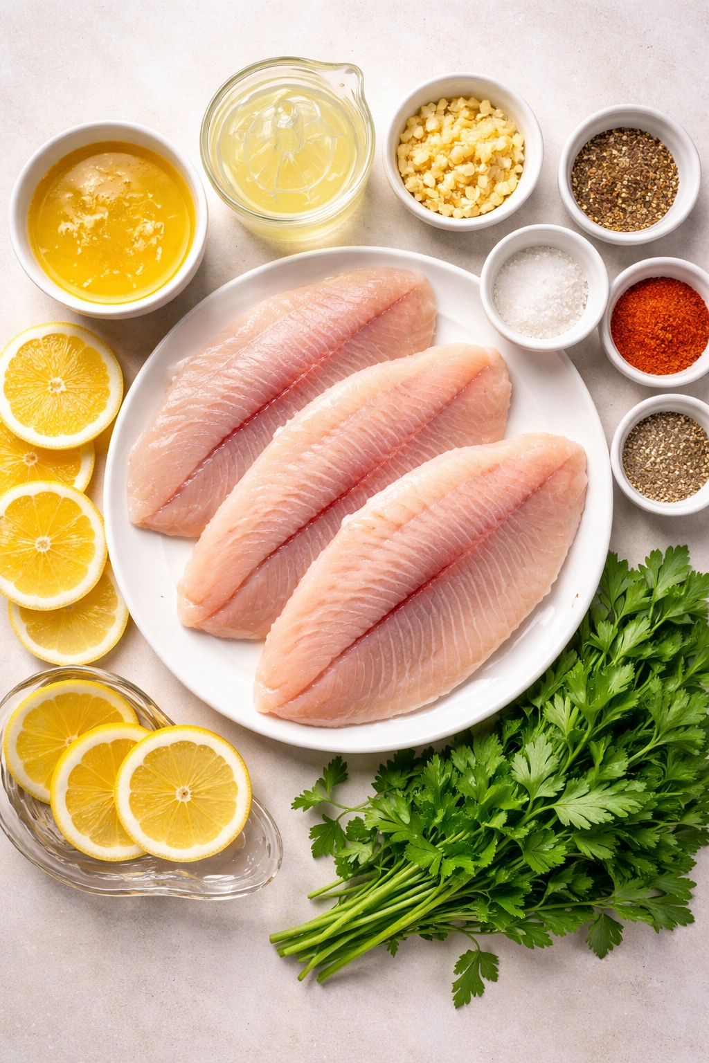 Tilapia with butter, garlic, lemon and spices arranged for baking
