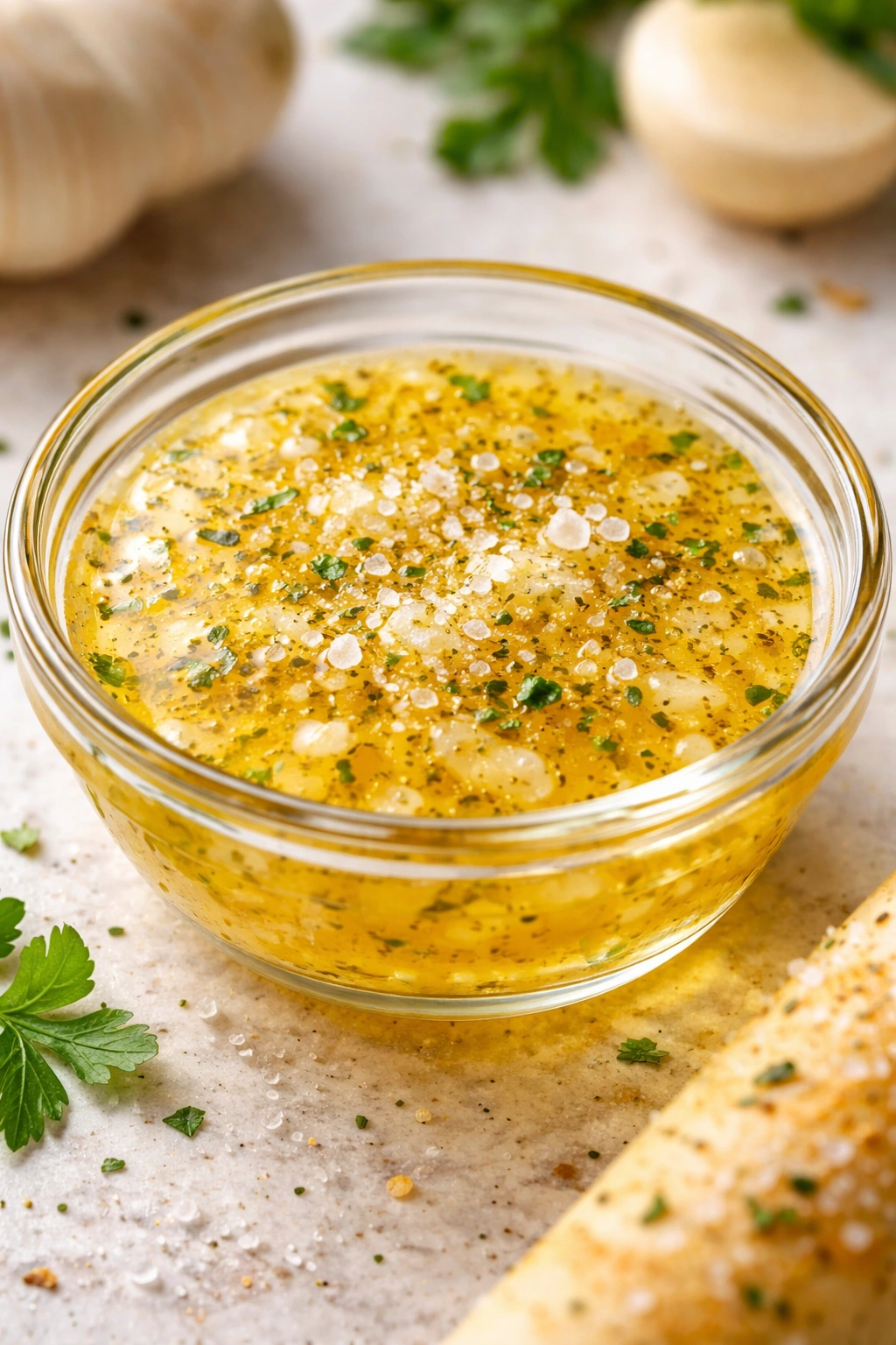 Close-up of melted garlic butter with garlic powder and salt in a small dish