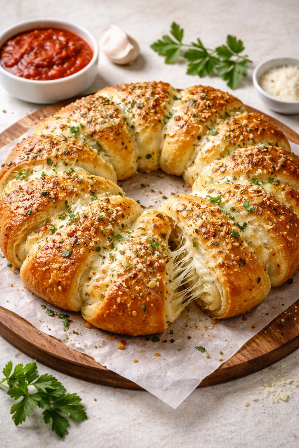 Cheesy garlic crescent roll bread on a neutral surface
