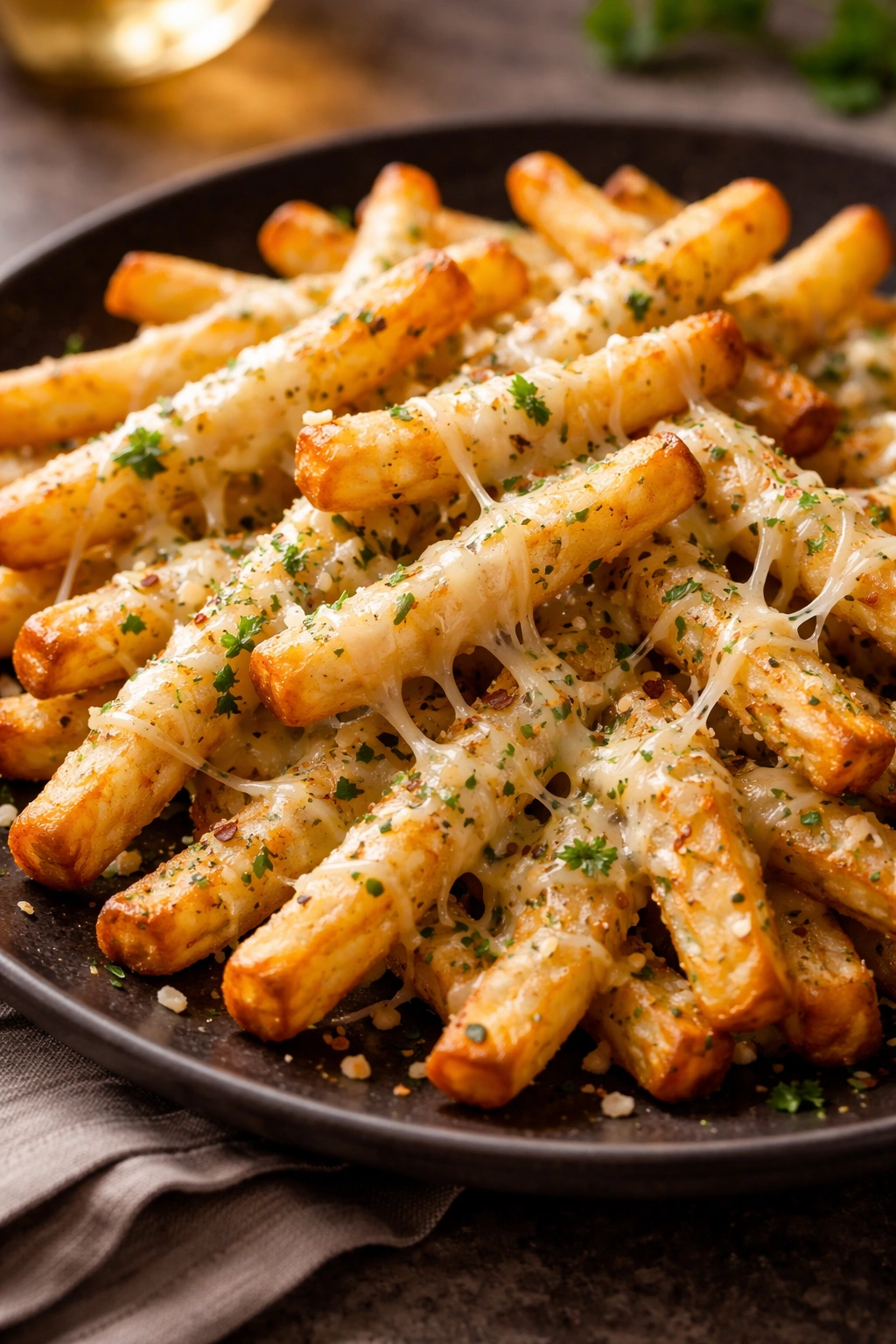 Close-up of garlic cheese fries with melted cheese coating