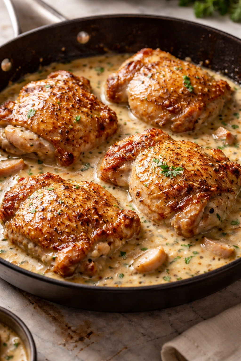 Chicken thighs in creamy garlic pan sauce with sautéed shallots