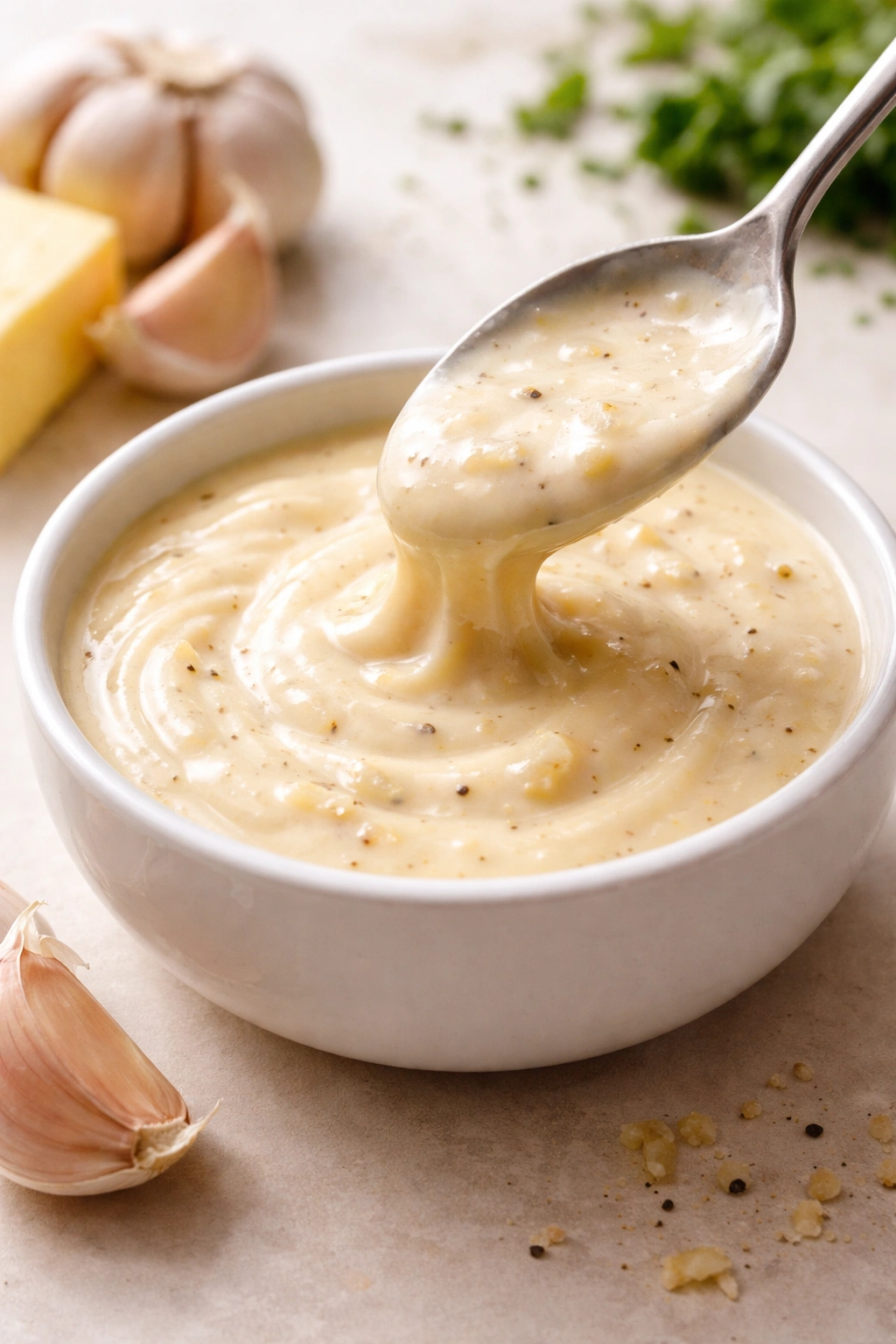 Silky garlic cream sauce close-up with emulsified texture