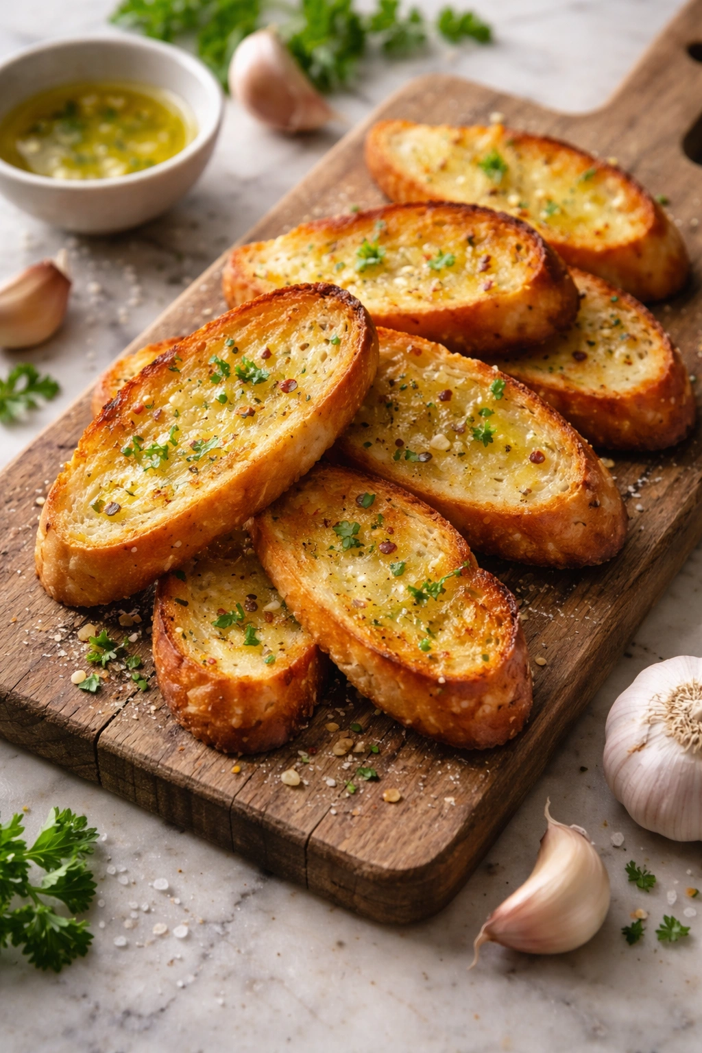 Close-up of crispy garlic crostini slices on a rustic wooden board