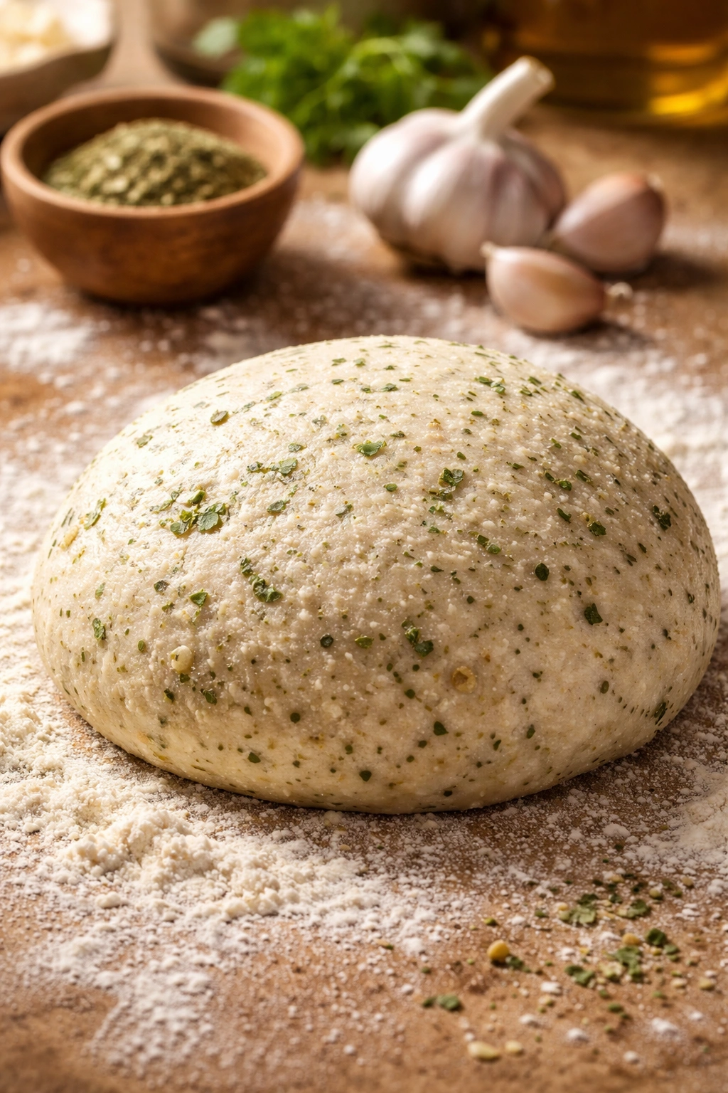 Herb-infused dough with visible flecks of herbs and spices
