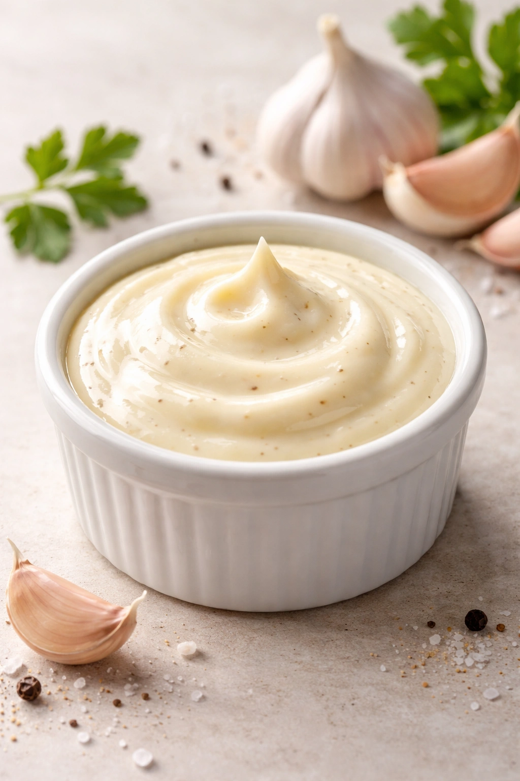 Close-up of emulsified garlic cream sauce in a ramekin on a neutral background