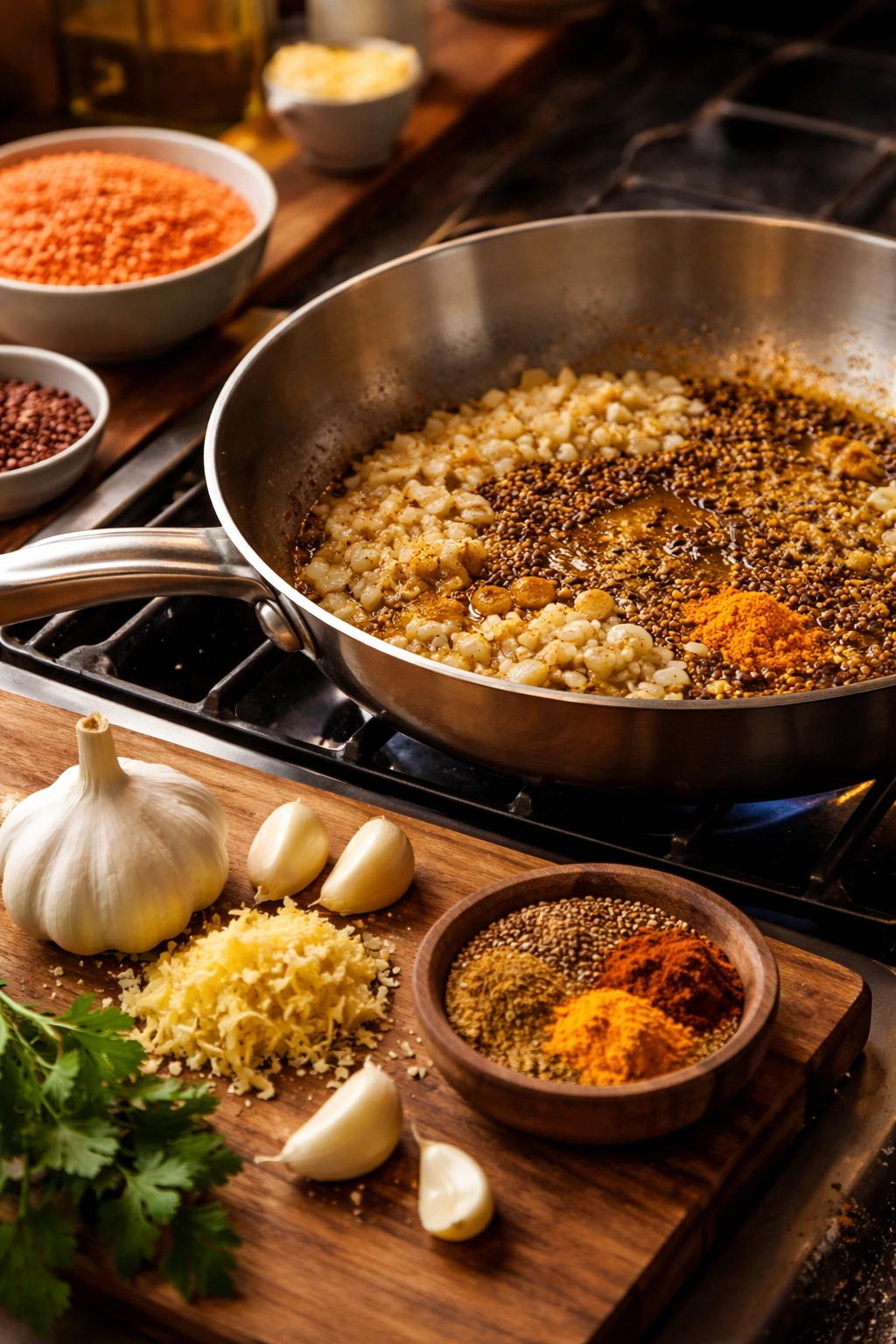 Fresh garlic and ginger with blooming spices shown in a pan for flawless dal execution
