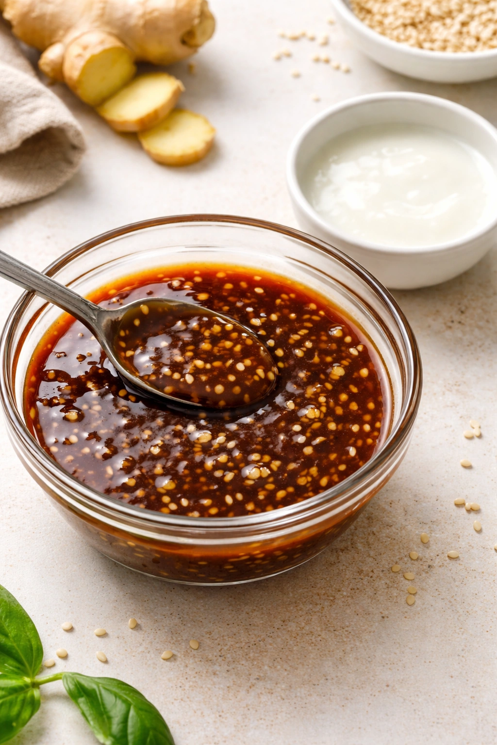 Glossy sesame sauce with garlic and ginger on a small bowl