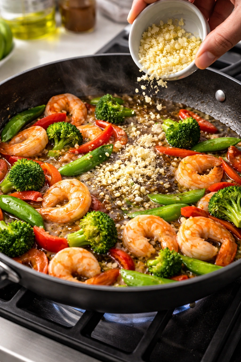 Garlic and ginger aromatics cooking in pan with glossy thickening sauce.