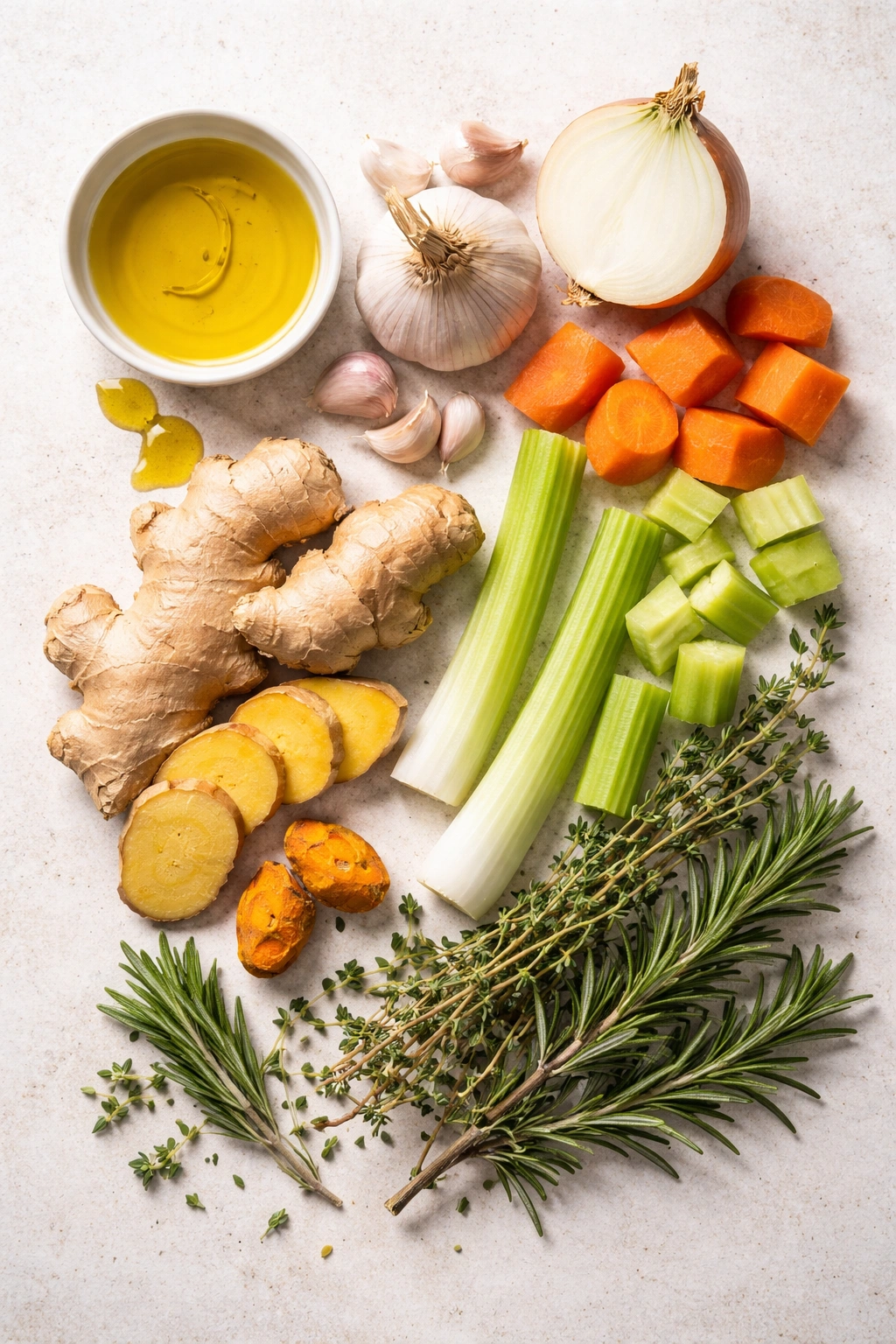 Top-down layout of key healing ingredients for chicken soup