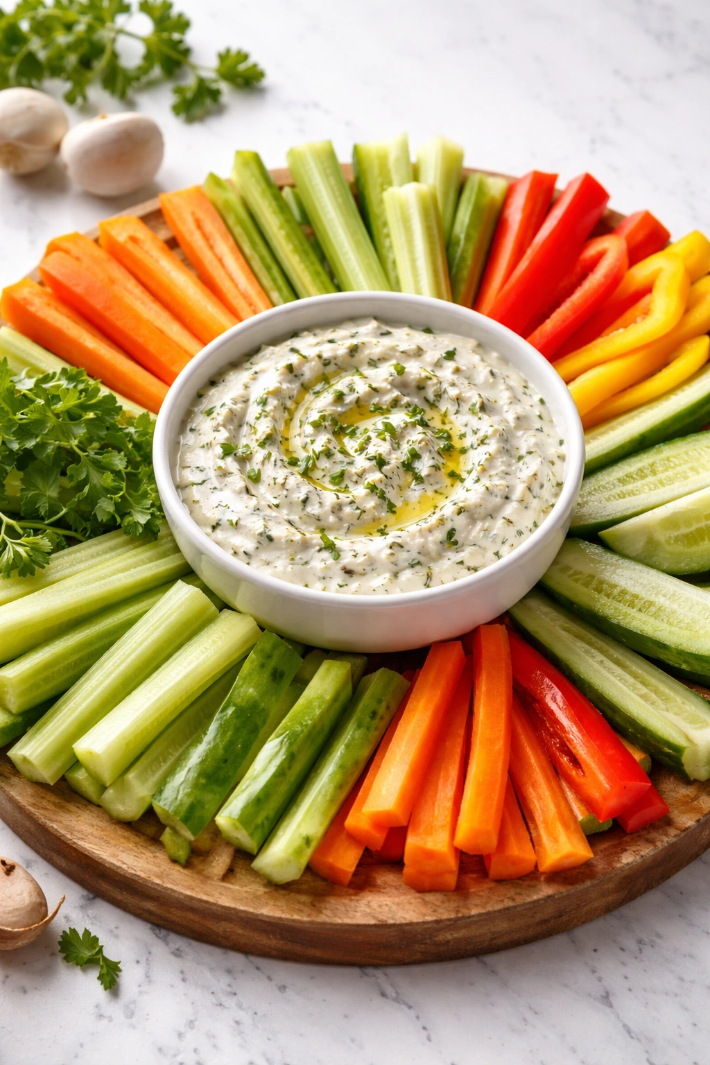 Cream cheese herb dip with assorted crunchy vegetables for dipping