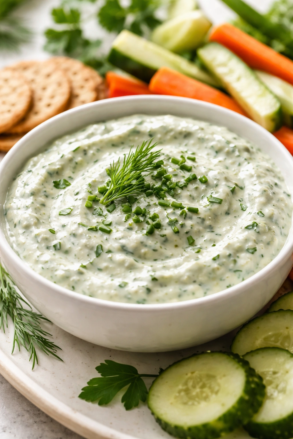 Velvety garlic herb dip with fresh herbs in a white bowl
