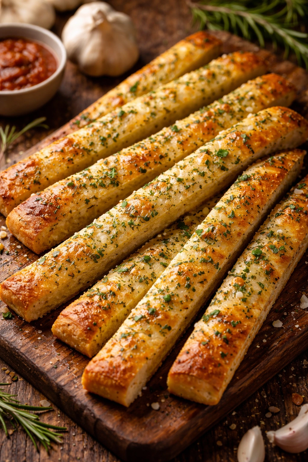 Garlic and herb focaccia breadsticks on wood surface