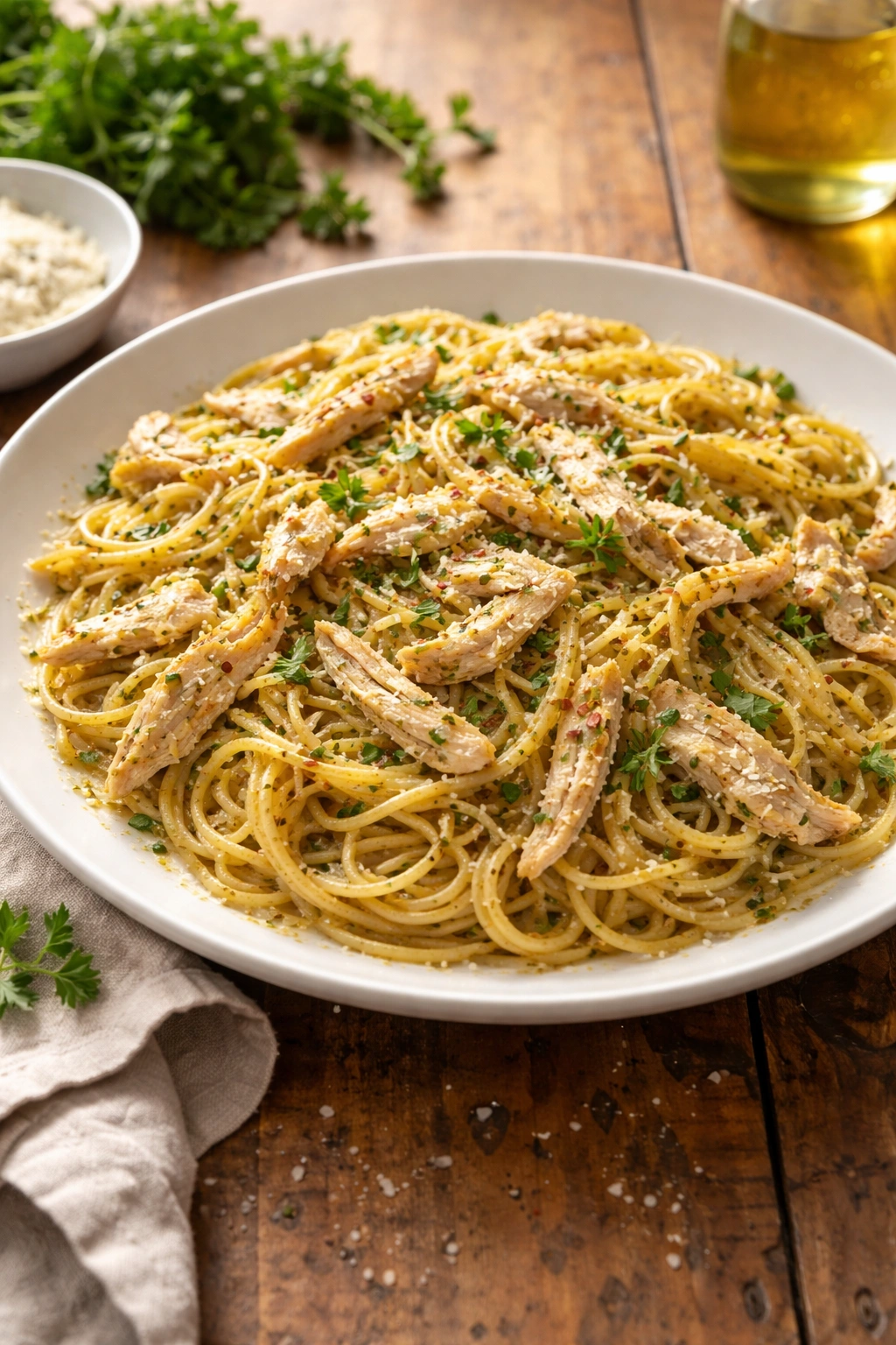 Pasta with shredded chicken in garlic-herb oil