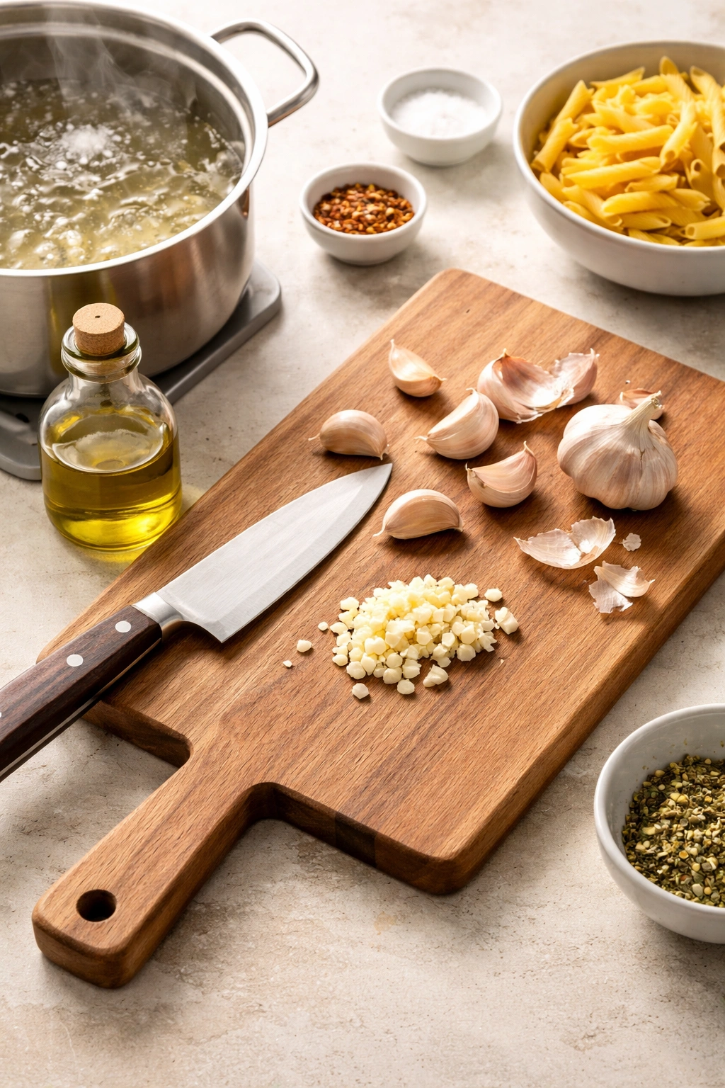 Garlic, knife, and olive oil on a cutting board
