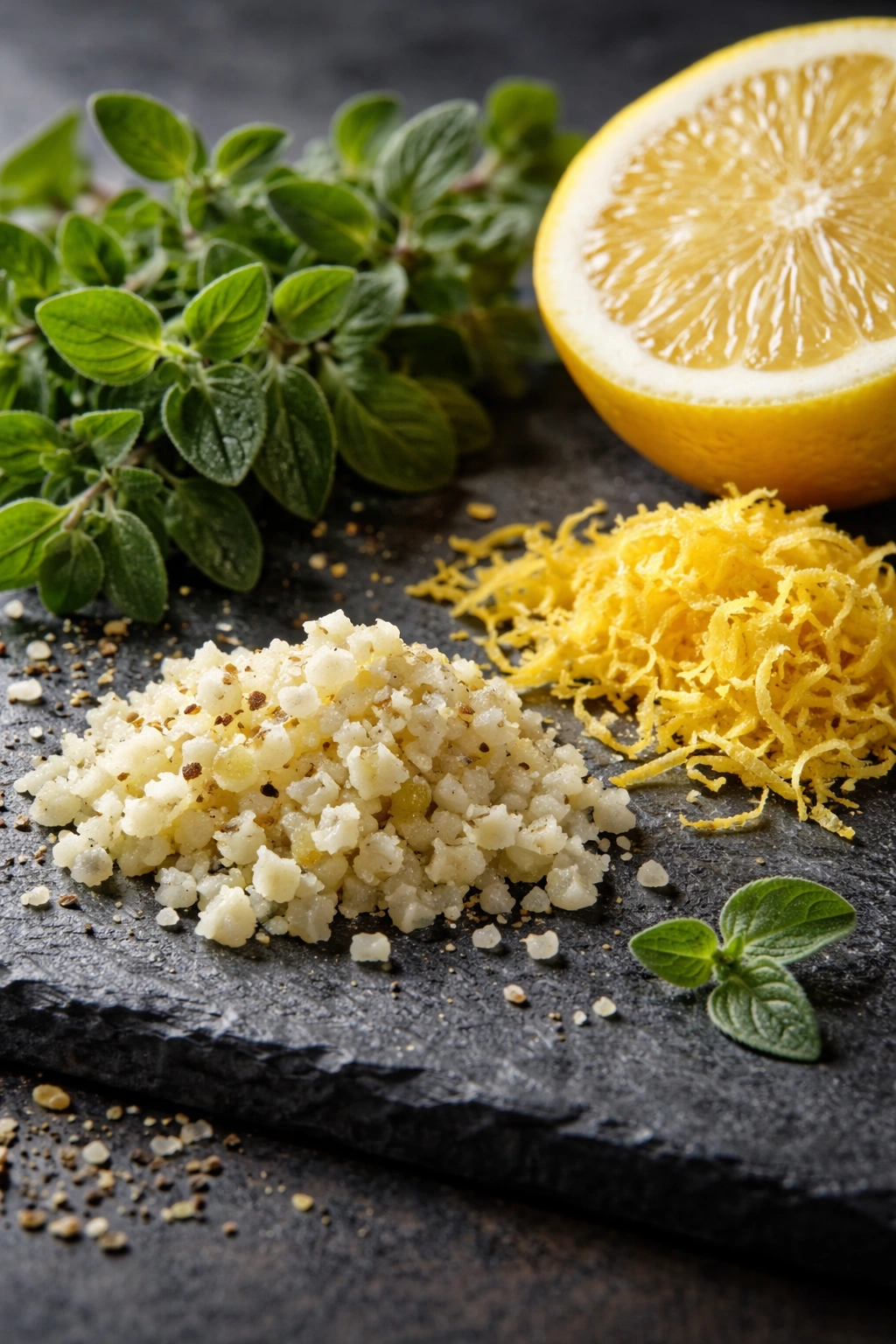 Macro close-up of garlic mince, lemon zest, and oregano on slate